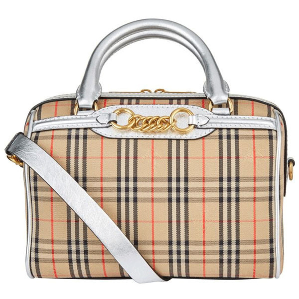 Burberry Plaid Pattern Outlet Leather Handbag Grey